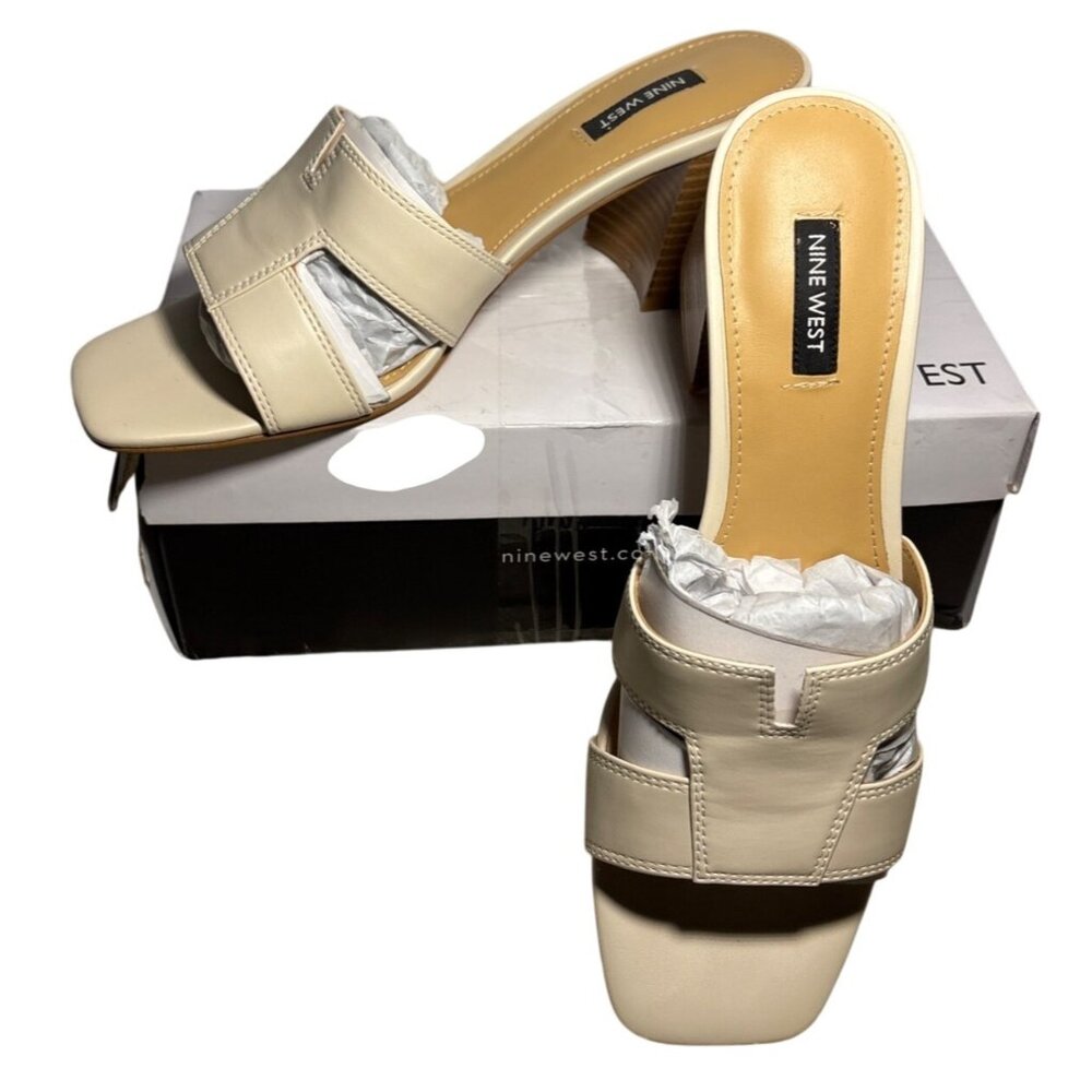 Nine West Women's Griselda Heeled Sandal Chic Cream Open Toe Block Heel 10M
